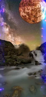 A cosmic scene with a glowing waterfall and galaxy sky.