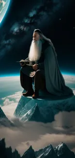 Wizard on mountain in galaxy wallpaper.