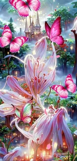 Magical garden with pink butterflies and flowers.