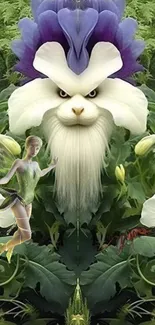 Fantasy garden with mystical creature and fairy among flowers.