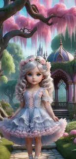 Charming doll in a fantasy garden with pink flowers and gazebo.