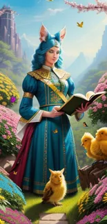 Fantasy girl reading in a magical garden with vibrant flowers and animals.