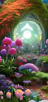 Enchanted garden with luminous mushrooms and vibrant floral colors.