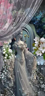 Elegant lady in fantasy garden with lush flowers.