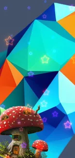 Fantasy wallpaper with geometric shapes and a mushroom house.