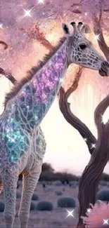 Fantasy giraffe with cosmic patterns in a purple forest.