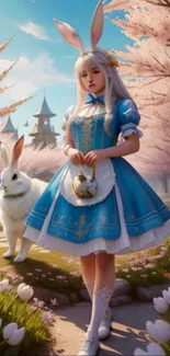 Fantasy girl in blue dress with rabbit ears and cherry blossoms.