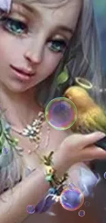 Fantasy girl with green eyes holding a bird surrounded by bubbles.