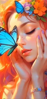 Fantasy girl with butterflies and vibrant hair.