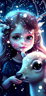 Fantasy art of a girl and deer in glowing blue forest.