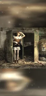 Fantasy wallpaper of girl with lion in mystical setting.