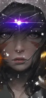 Fantasy girl with snowflakes and glowing lights in a dark theme.