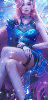 Fantasy glamour artwork with a character in blue, sparkling backdrop.