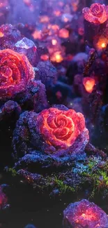 Fantasy forest with glowing roses and mystical lights.