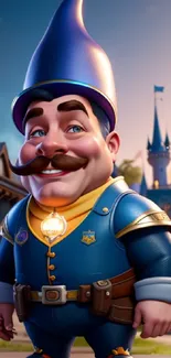 Whimsical gnome in blue suit with castle backdrop.