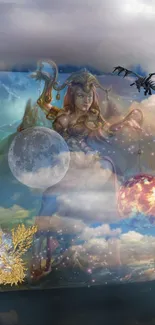 Mystical goddess with moon and dragon in fantasy wallpaper.