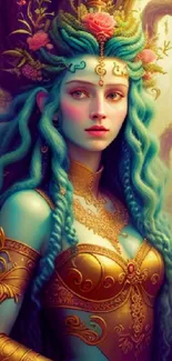 Fantasy goddess with blue hair and golden armor in an enchanted forest.