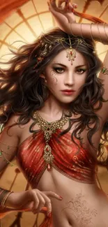 Fantasy goddess in scarlet, intricate golden background.