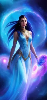 Mystical goddess in vibrant blue and purple space.