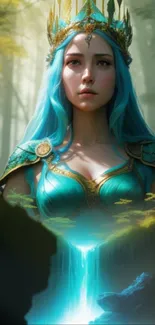 Fantasy goddess with teal hair, set in a mystical forest with a glowing waterfall.