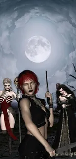 Gothic fantasy wallpaper with moonlit sky and mysterious women.