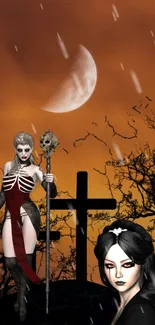 Gothic fantasy wallpaper with moon, crosses, and mystical characters.