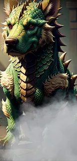 Green dragon with scales and fog in a fantasy setting.