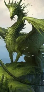 Fantasy green dragon on mountain peak with scenic background.