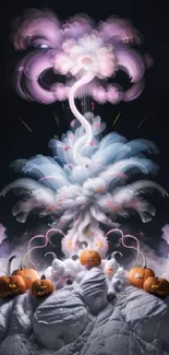 Whimsical fantasy Halloween explosion with pumpkins and clouds on mobile wallpaper.