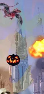 Fantasy wallpaper with dragon, pumpkin, and cathedral explosion.