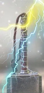 Fantasy hammer with blue and yellow lightning on display.