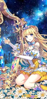 Anime girl with harp under starry sky, surrounded by daisies.