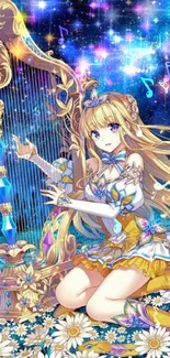 Fantasy harpist in a starry, floral night setting.