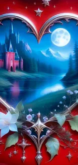 Heart-shaped fantasy castle scene with moonlight.