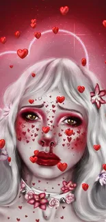 Fantasy girl with heart motifs on a red background.