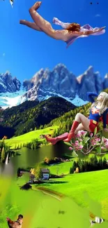 Fantasy superhero over mountains and green landscape.