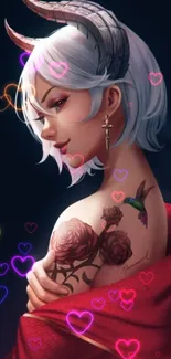 Fantasy horned woman wallpaper with glowing hearts.