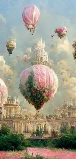 Fantasy cityscape with hot air balloons in pastel skies.