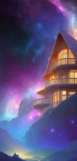 Fantasy house under a vibrant starry sky wallpaper.