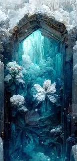 Fantasy ice cave portal with teal hues.