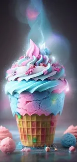 Fantasy ice cream with pink and blue swirls.