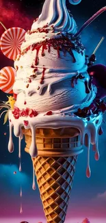 Giant ice cream cone with colorful candy in a fantasy setting.
