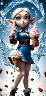 Fantasy elf with ice cream cones in magical splash background.