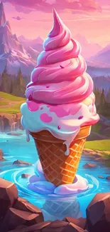 A giant pink ice cream cone in a fantasy mountain landscape with a waterfall.