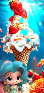 Fantasy underwater scene with ice cream and character.