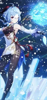 Animated fantasy warrior casting ice spells in blue crystal scene.