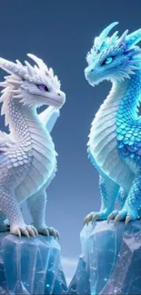 Two ice dragons perched on crystal cliffs.