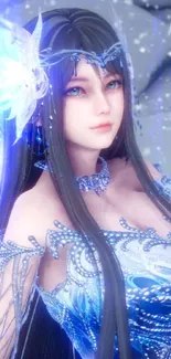 Fantasy ice princess with blue hues and magical snowflakes.