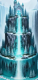 Fantasy ice castle with a waterfall in aqua hues.