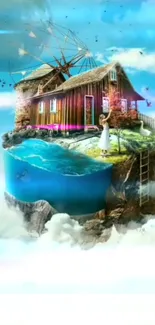 Floating island with house and pond in surreal fantasy scene.